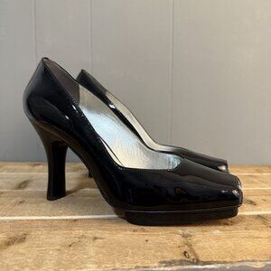Via Spiga Black Patent Leather Peep Toe High Heels Sz 8